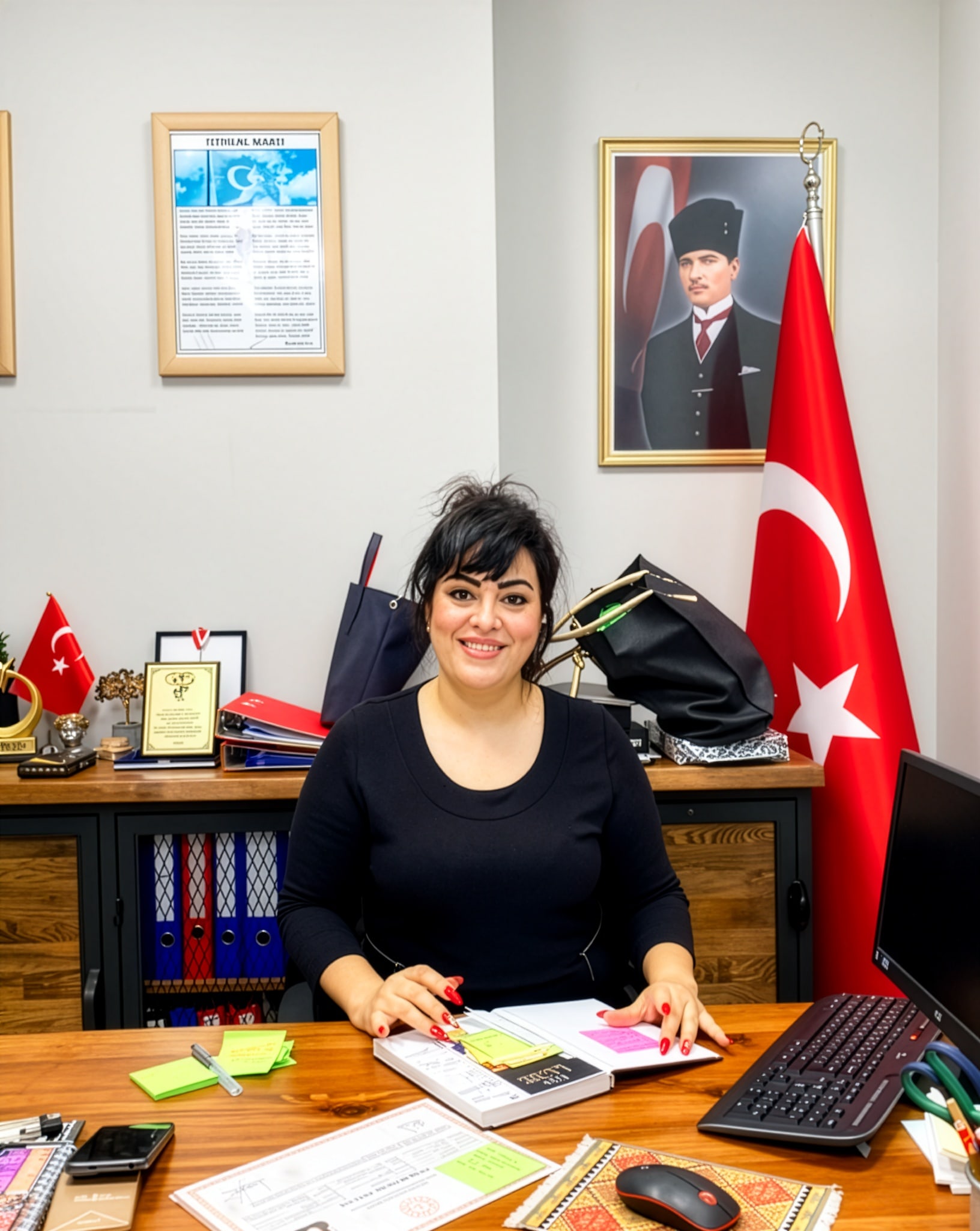 Sada Gholipour atölyenin ofisinde, çalışma masasında açık bir dosyanın başında